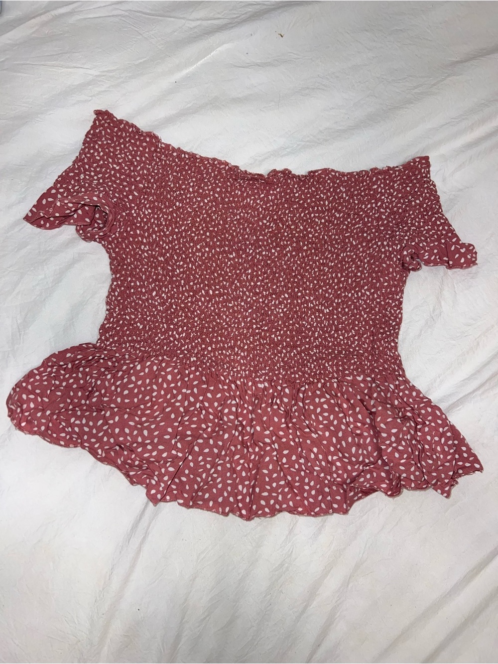 Japna Dusty Rose Off-Shoulder Smocked Peplum Crop Top